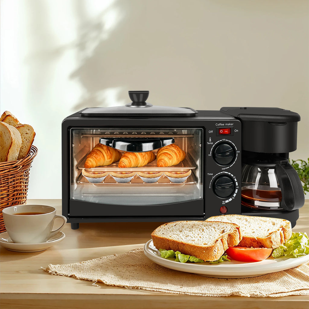 Máquina eléctrica doméstica 3 en 1 para desayunos, sándwiches, cafetera multifunción, horno para pan y pizza.