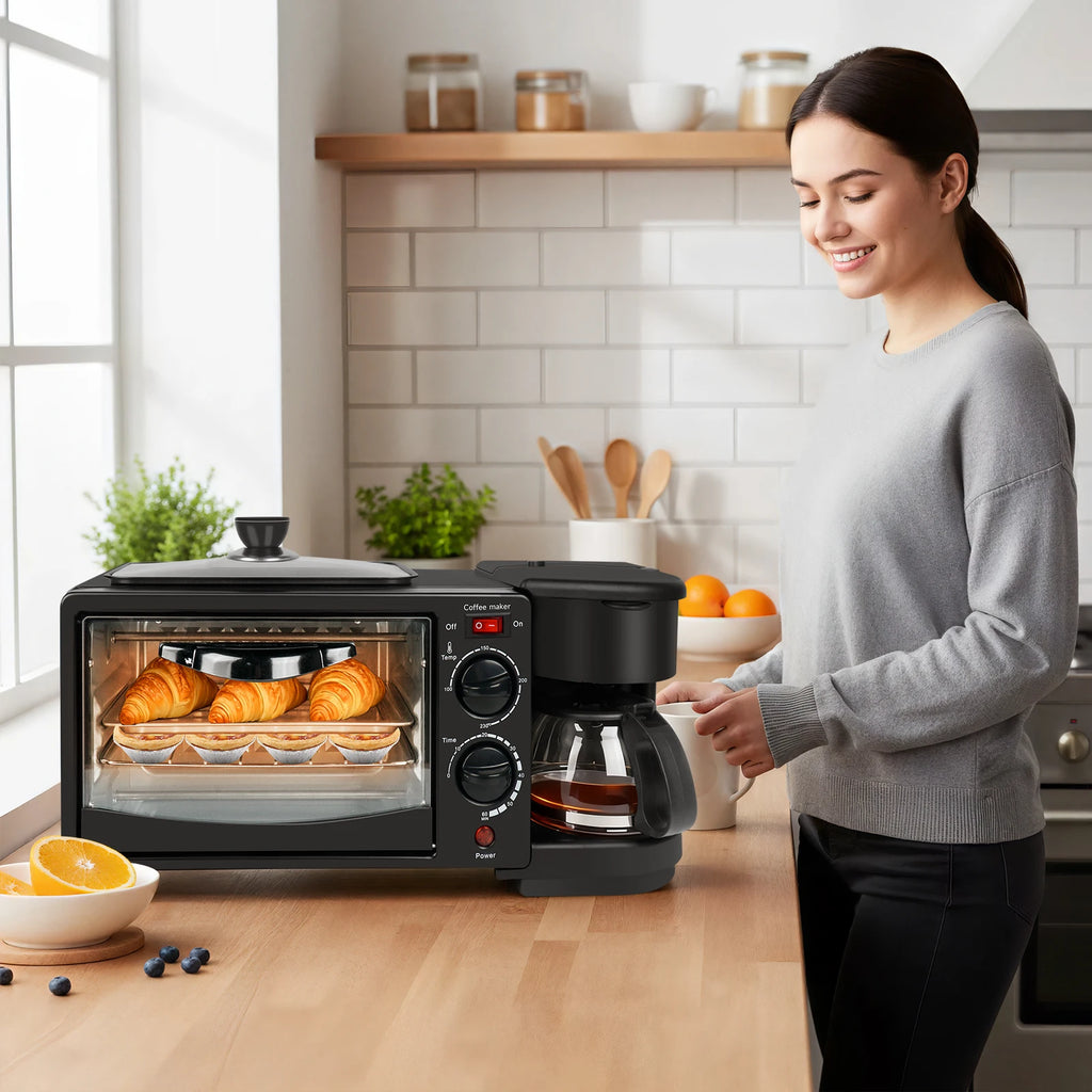 Máquina eléctrica doméstica 3 en 1 para desayunos, sándwiches, cafetera multifunción, horno para pan y pizza.