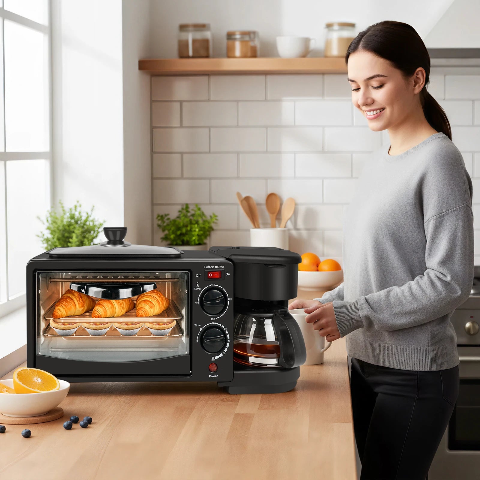 Máquina eléctrica doméstica 3 en 1 para desayunos, sándwiches, cafetera multifunción, horno para pan y pizza.