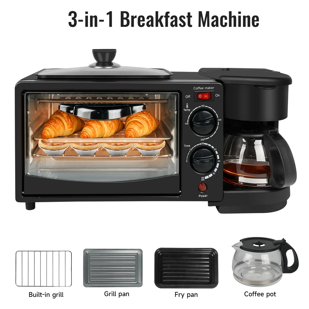 Máquina eléctrica doméstica 3 en 1 para desayunos, sándwiches, cafetera multifunción, horno para pan y pizza.