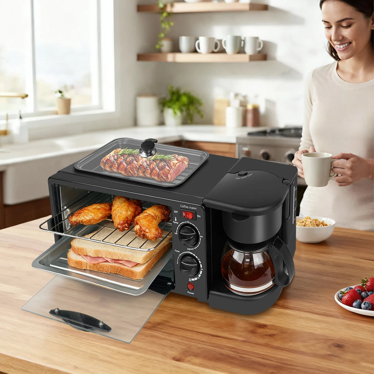 Máquina eléctrica doméstica 3 en 1 para desayunos, sándwiches, cafetera multifunción, horno para pan y pizza.