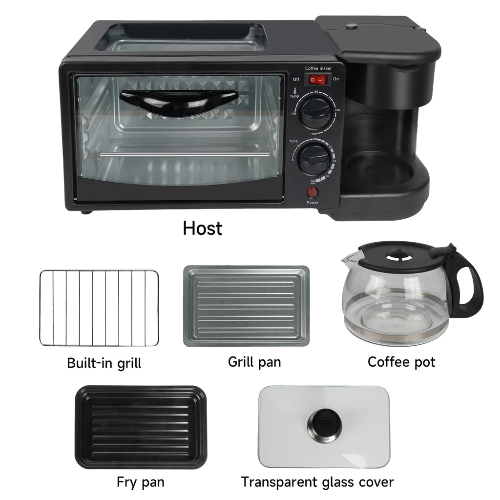 Máquina eléctrica doméstica 3 en 1 para desayunos, sándwiches, cafetera multifunción, horno para pan y pizza.