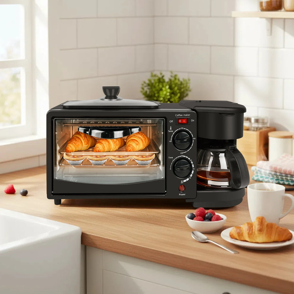 Máquina eléctrica doméstica 3 en 1 para desayunos, sándwiches, cafetera multifunción, horno para pan y pizza.