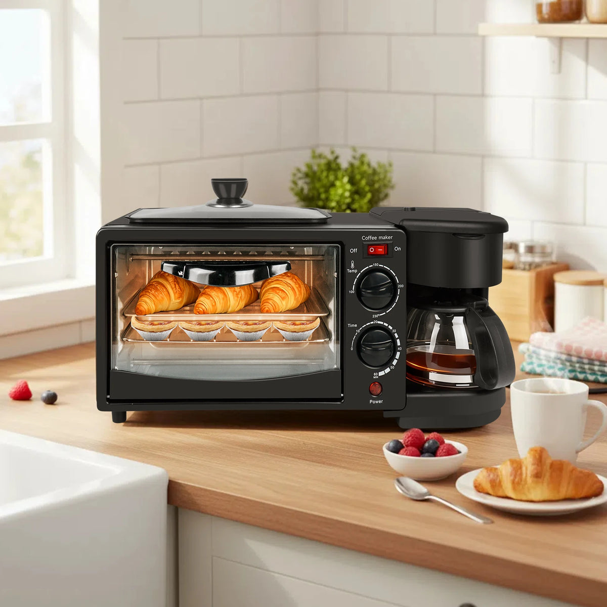 Máquina eléctrica doméstica 3 en 1 para desayunos, sándwiches, cafetera multifunción, horno para pan y pizza.