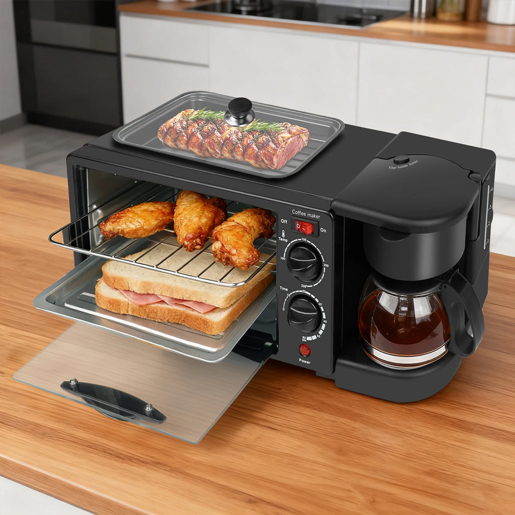 Máquina eléctrica doméstica 3 en 1 para desayunos, sándwiches, cafetera multifunción, horno para pan y pizza.