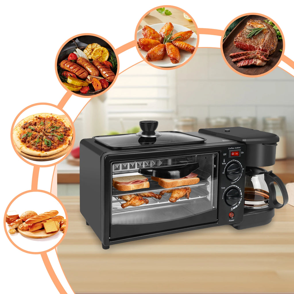 Máquina eléctrica doméstica 3 en 1 para desayunos, sándwiches, cafetera multifunción, horno para pan y pizza.